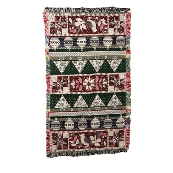 Vintage Woven Christmas Table Runner Wall Hanging 20x36" Red Green Tree - Picture 1 of 3